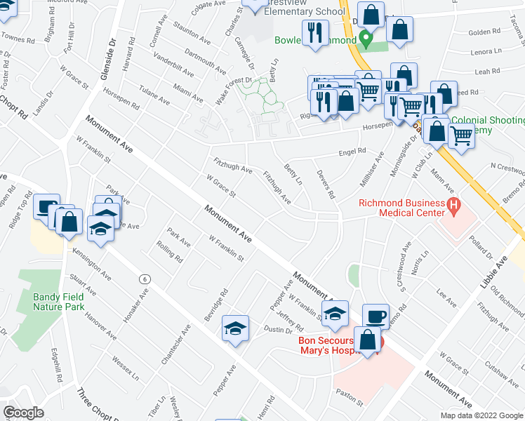 map of restaurants, bars, coffee shops, grocery stores, and more near 6504 West Grace Street in Richmond