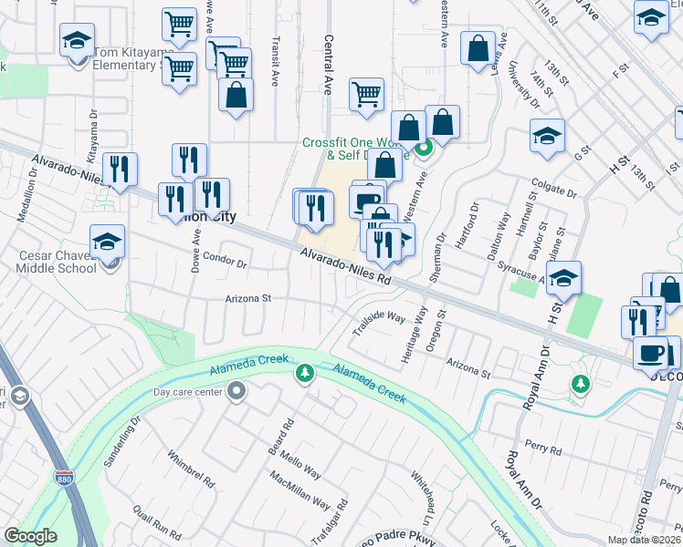 map of restaurants, bars, coffee shops, grocery stores, and more near 2510 Copa Del Oro Drive in Union City