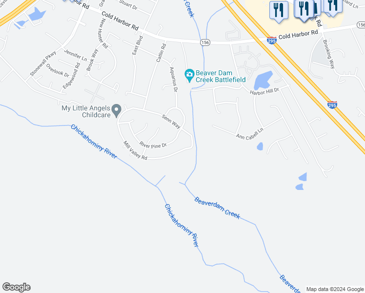 map of restaurants, bars, coffee shops, grocery stores, and more near 7048 Mill Valley Road in Mechanicsville