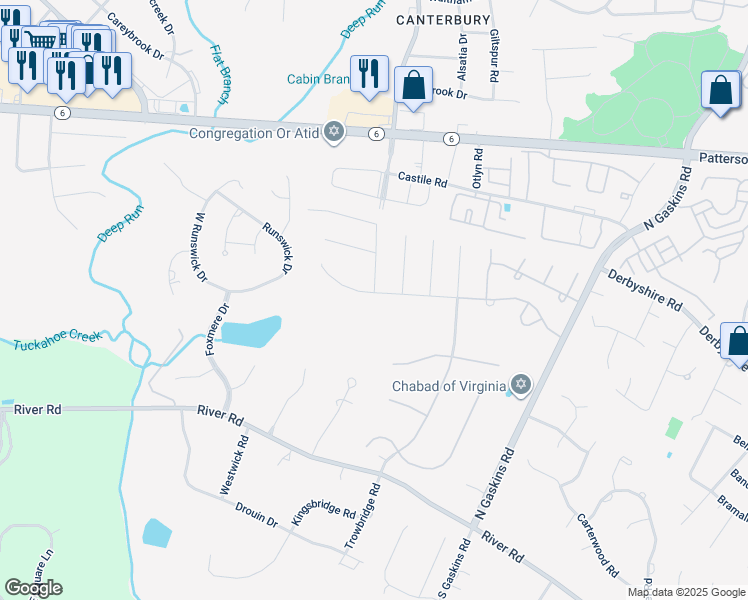 map of restaurants, bars, coffee shops, grocery stores, and more near 9833 Colony Bluff Drive in Richmond