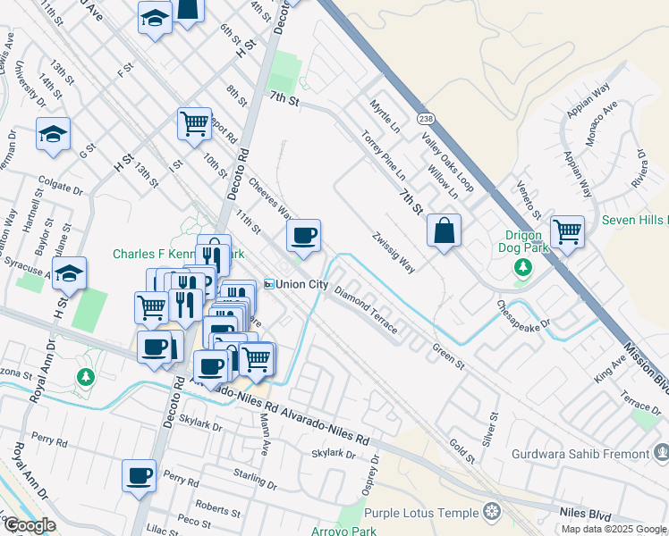 map of restaurants, bars, coffee shops, grocery stores, and more near 1013 Amber Terrace in Union City