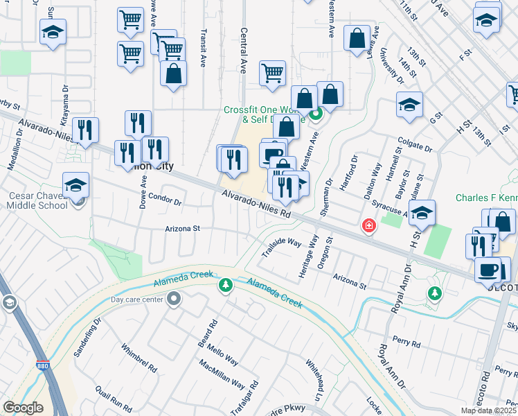 map of restaurants, bars, coffee shops, grocery stores, and more near 33465 Alvarado-Niles Road in Union City