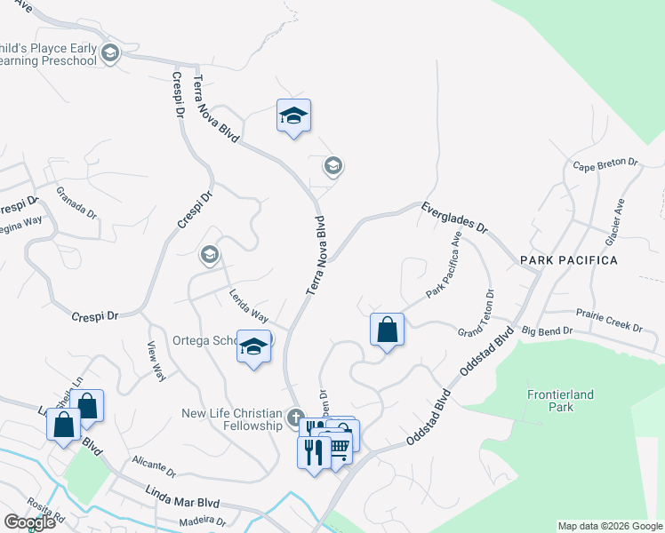 map of restaurants, bars, coffee shops, grocery stores, and more near 1322 Everglades Drive in Pacifica