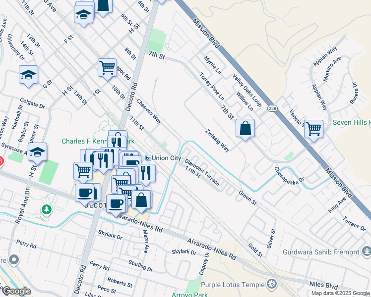 map of restaurants, bars, coffee shops, grocery stores, and more near 1009 Amber Terrace in Union City