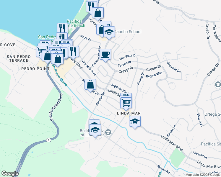 map of restaurants, bars, coffee shops, grocery stores, and more near 820 Arguello Boulevard in Pacifica