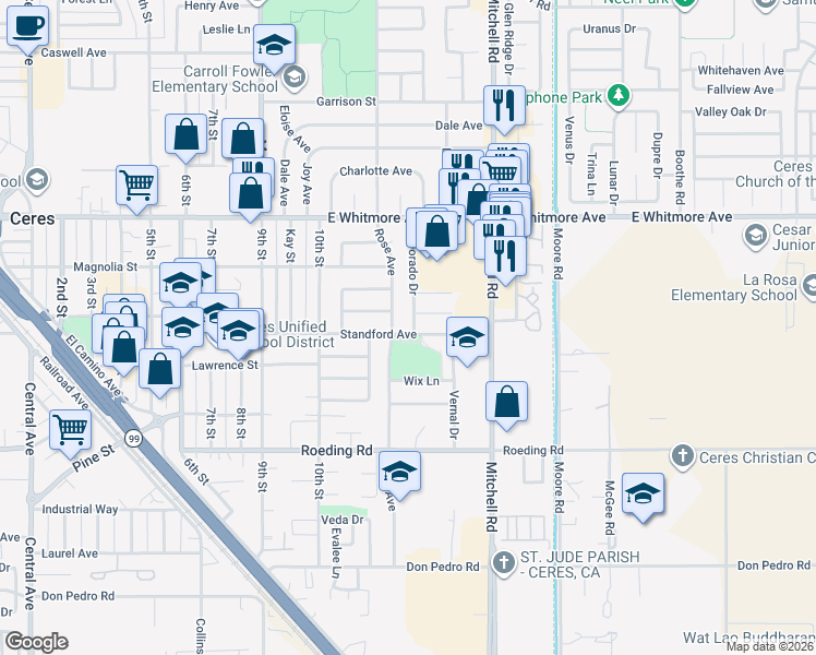 map of restaurants, bars, coffee shops, grocery stores, and more near 2905 El Dorado Drive in Ceres