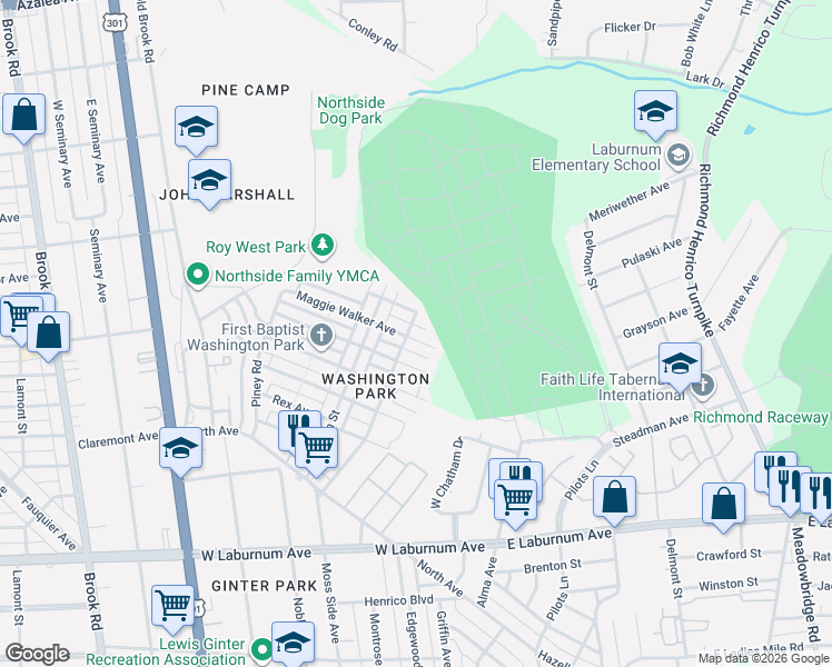 map of restaurants, bars, coffee shops, grocery stores, and more near 600 1/2 Maggie Walker Avenue in Richmond