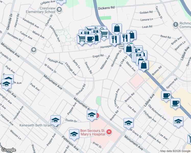 map of restaurants, bars, coffee shops, grocery stores, and more near 6206 Fitzhugh Avenue in Richmond