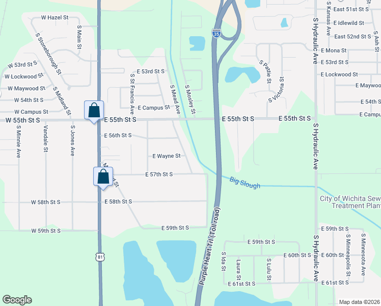 map of restaurants, bars, coffee shops, grocery stores, and more near 5744 South Mead Street in Wichita
