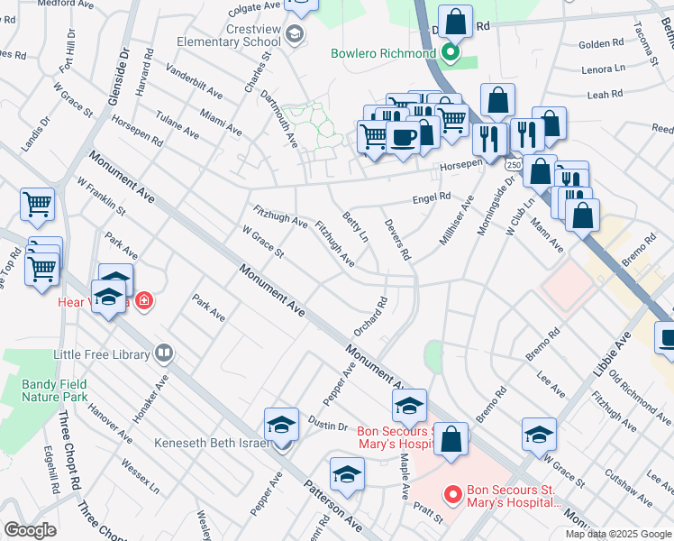 map of restaurants, bars, coffee shops, grocery stores, and more near 6501 Fitzhugh Avenue in Richmond