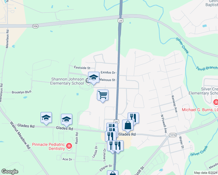 map of restaurants, bars, coffee shops, grocery stores, and more near 114 Baugh Street in Berea