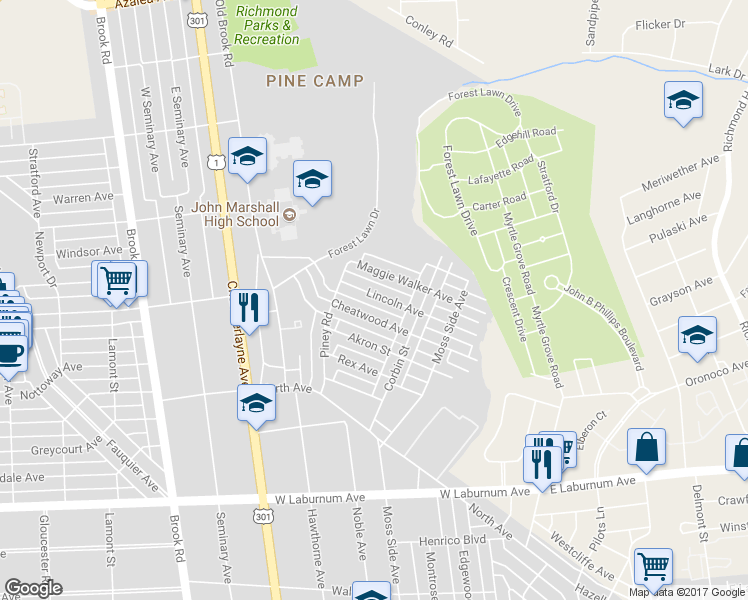 map of restaurants, bars, coffee shops, grocery stores, and more near 805 Lincoln Avenue in Richmond