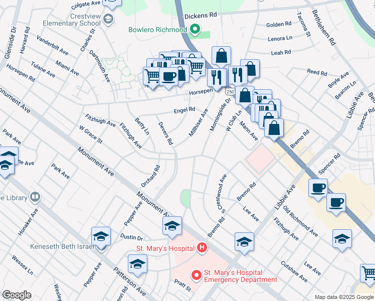 map of restaurants, bars, coffee shops, grocery stores, and more near 6206 Fitzhugh Avenue in Richmond