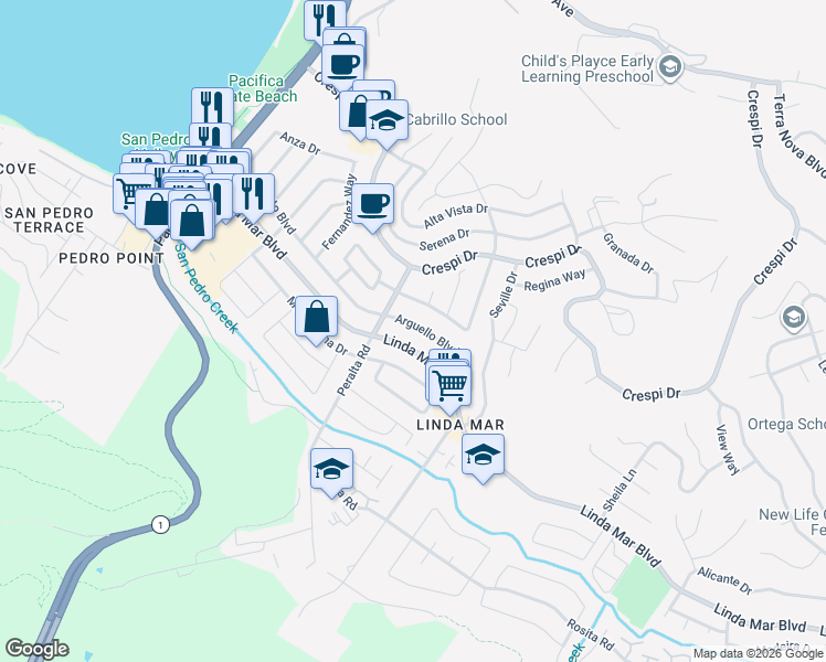 map of restaurants, bars, coffee shops, grocery stores, and more near 824 Arguello Boulevard in Pacifica