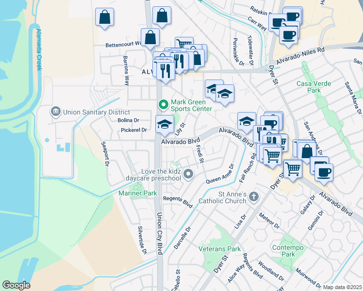 map of restaurants, bars, coffee shops, grocery stores, and more near 4322 Solano Way in Union City