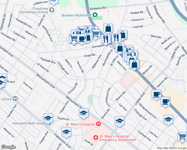 map of restaurants, bars, coffee shops, grocery stores, and more near 6206 Fitzhugh Avenue in Richmond