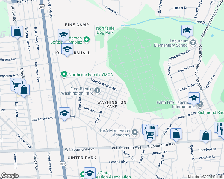 map of restaurants, bars, coffee shops, grocery stores, and more near 4309 Corbin Street in Richmond