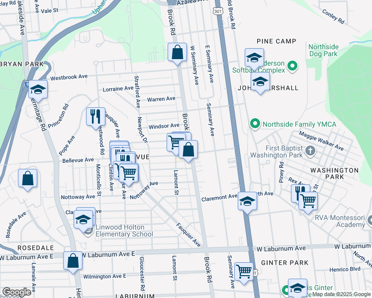 map of restaurants, bars, coffee shops, grocery stores, and more near 4202 Brook Road in Richmond