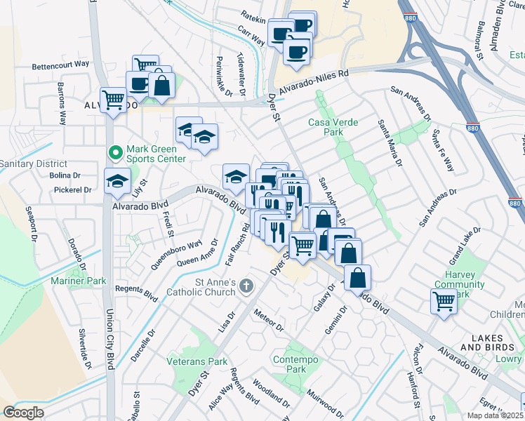 map of restaurants, bars, coffee shops, grocery stores, and more near 31802 Alvarado Boulevard in Union City
