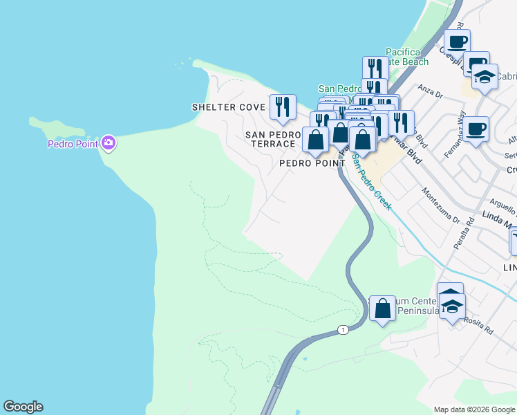 map of restaurants, bars, coffee shops, grocery stores, and more near 1536 Grand Avenue in Pacifica