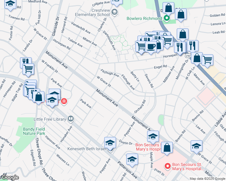 map of restaurants, bars, coffee shops, grocery stores, and more near 6517 West Grace Street in Richmond