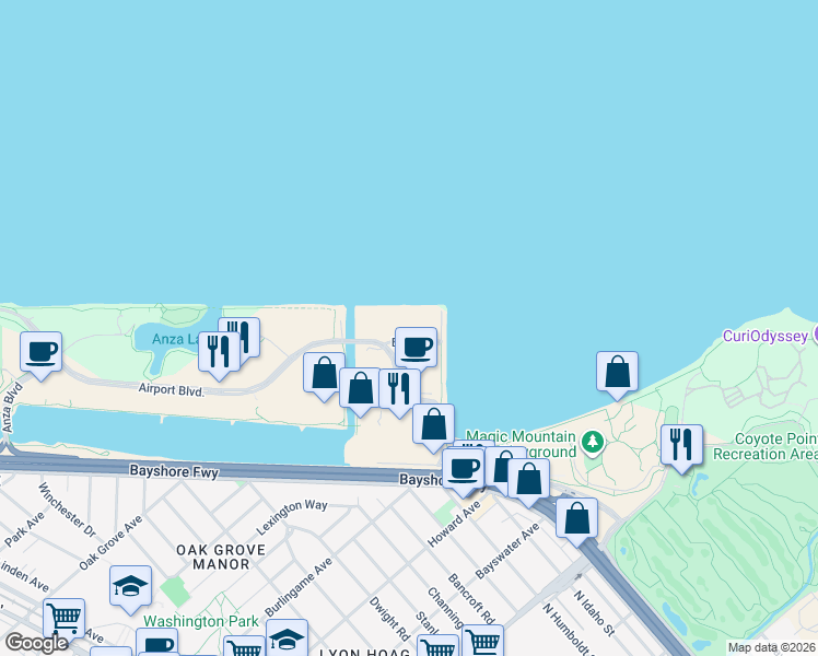 map of restaurants, bars, coffee shops, grocery stores, and more near 300 Airport Boulevard in Burlingame
