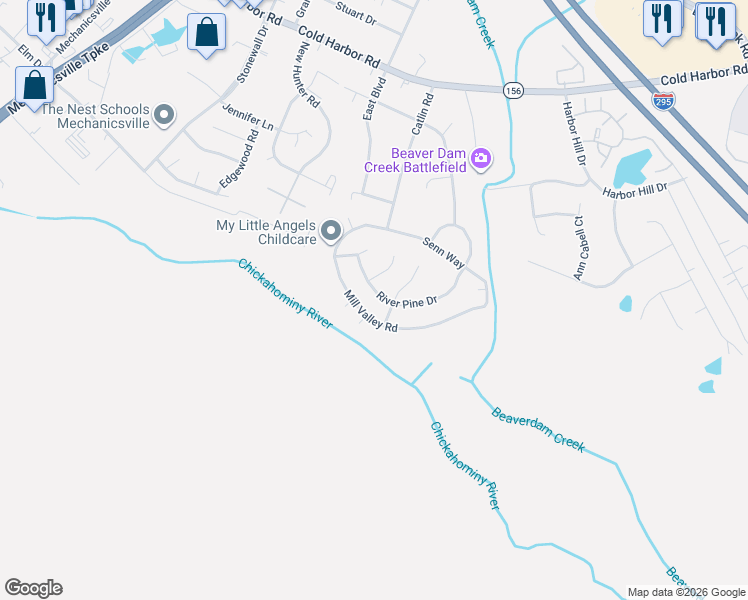 map of restaurants, bars, coffee shops, grocery stores, and more near 7405 River Pine Drive in Mechanicsville
