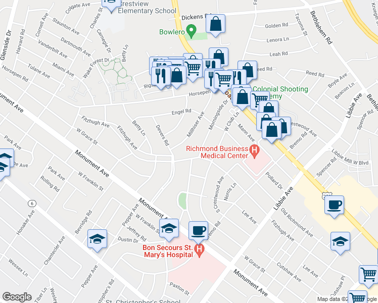 map of restaurants, bars, coffee shops, grocery stores, and more near 6206 Fitzhugh Avenue in Richmond
