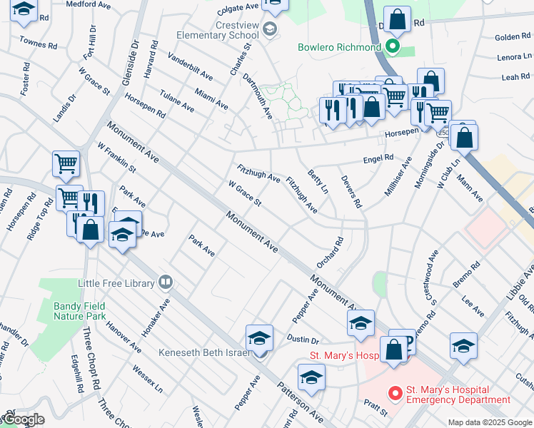 map of restaurants, bars, coffee shops, grocery stores, and more near 6517 West Grace Street in Richmond