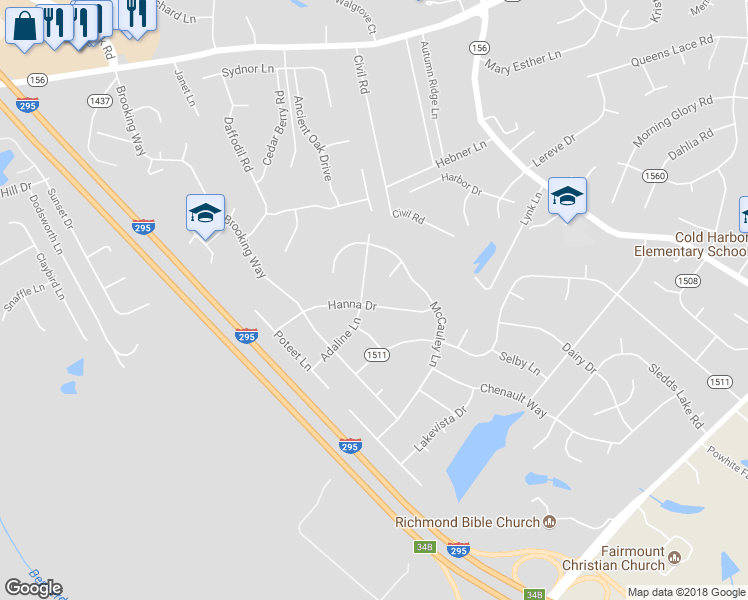 map of restaurants, bars, coffee shops, grocery stores, and more near 6498 Hanna Drive in Mechanicsville