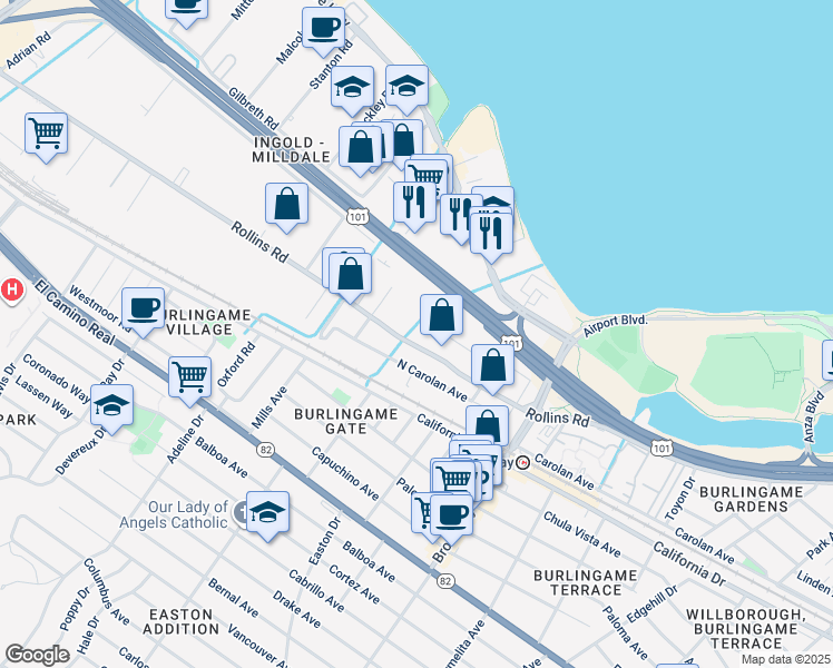 map of restaurants, bars, coffee shops, grocery stores, and more near 1394 Rollins Road in Burlingame