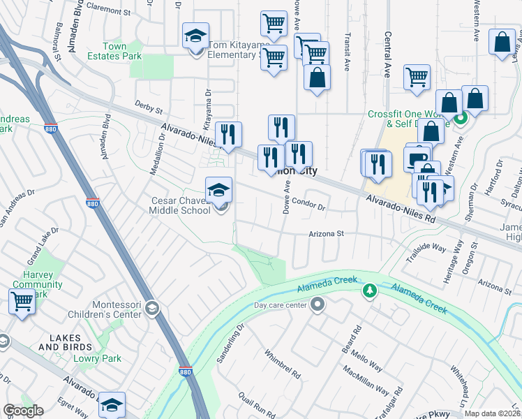 map of restaurants, bars, coffee shops, grocery stores, and more near 2726 Cormorant Court in Union City