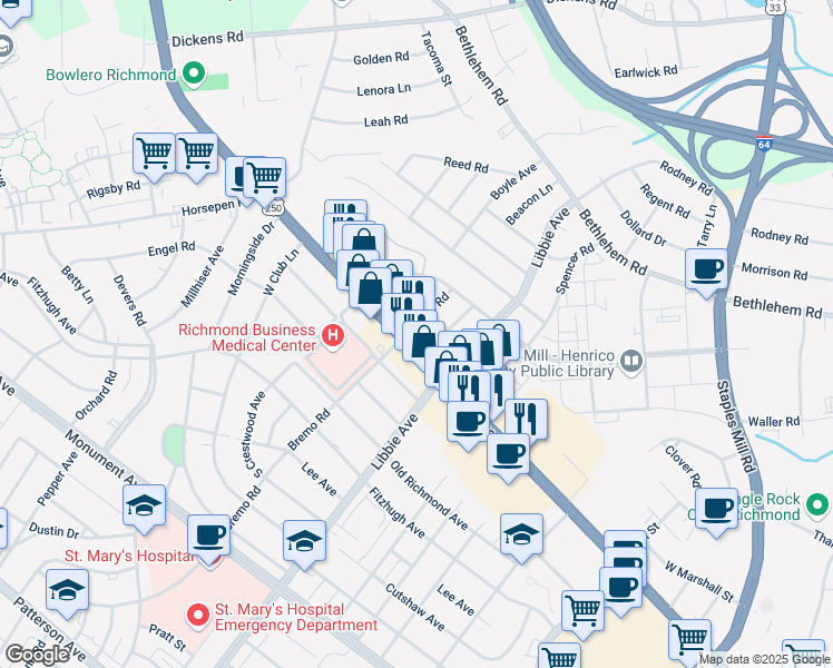 map of restaurants, bars, coffee shops, grocery stores, and more near 5816 U.S. 250 in Richmond