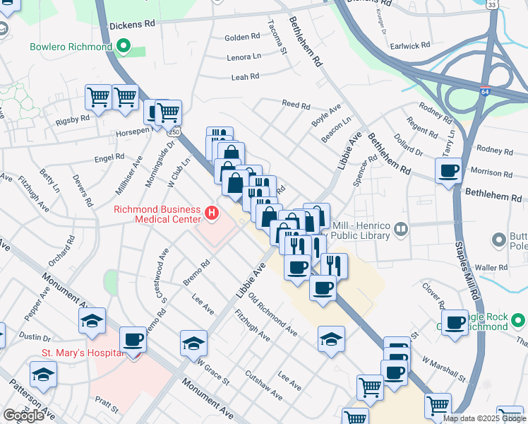 map of restaurants, bars, coffee shops, grocery stores, and more near 5816 U.S. 250 in Richmond