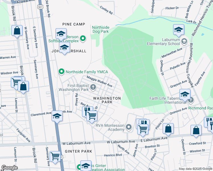map of restaurants, bars, coffee shops, grocery stores, and more near 4309 Corbin Street in Richmond