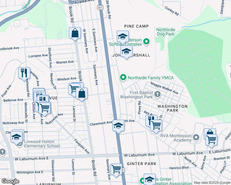 map of restaurants, bars, coffee shops, grocery stores, and more near 3941 Chamberlayne Avenue in Richmond