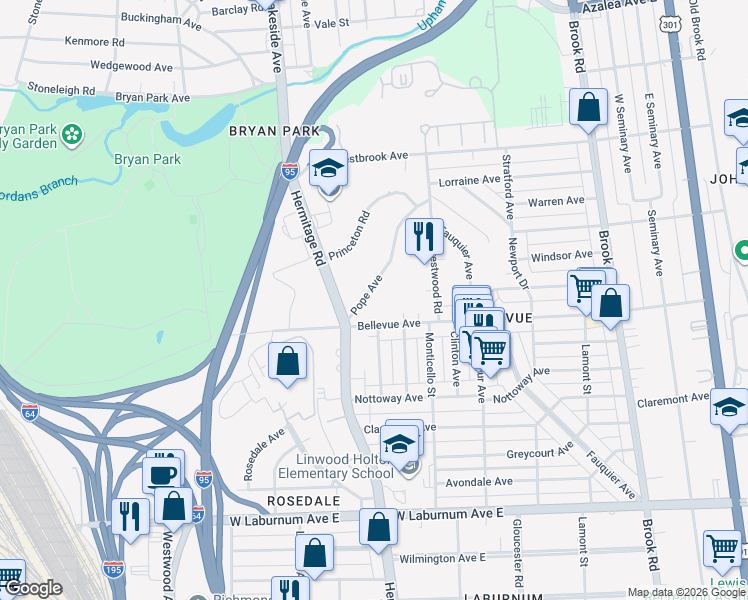 map of restaurants, bars, coffee shops, grocery stores, and more near 1627 Pope Avenue in Richmond