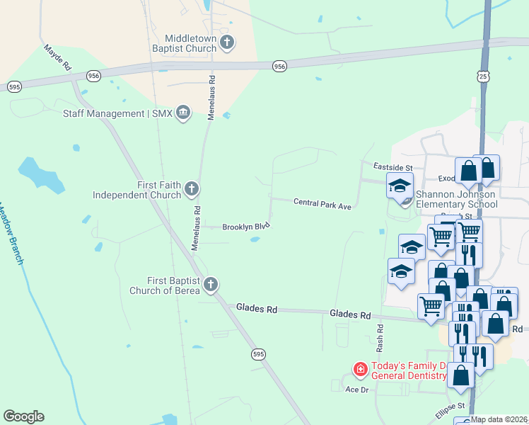 map of restaurants, bars, coffee shops, grocery stores, and more near 1027 Brooklyn Boulevard in Berea