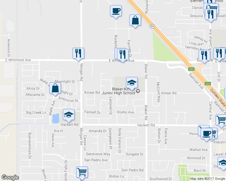 map of restaurants, bars, coffee shops, grocery stores, and more near 1473 Kinser Road in Ceres
