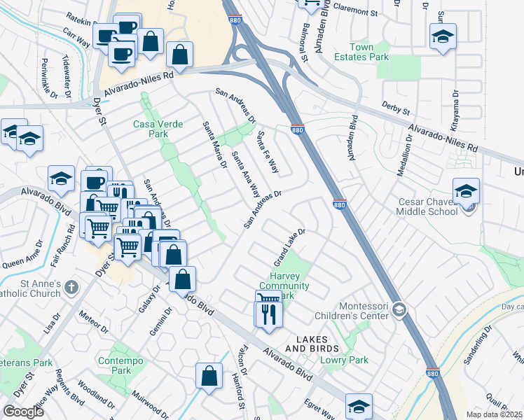 map of restaurants, bars, coffee shops, grocery stores, and more near 3064 San Andreas Drive in Union City
