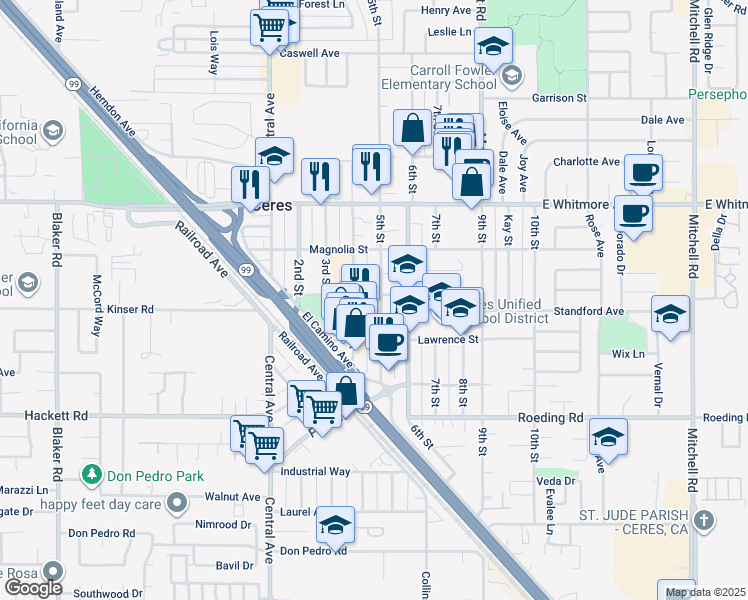map of restaurants, bars, coffee shops, grocery stores, and more near 2905 5th Street in Ceres
