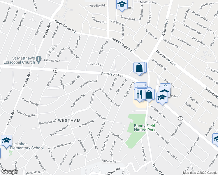 map of restaurants, bars, coffee shops, grocery stores, and more near 1006 Borden Road in Richmond
