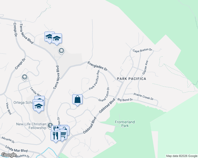 map of restaurants, bars, coffee shops, grocery stores, and more near 1288 Park Pacifica Avenue in Pacifica