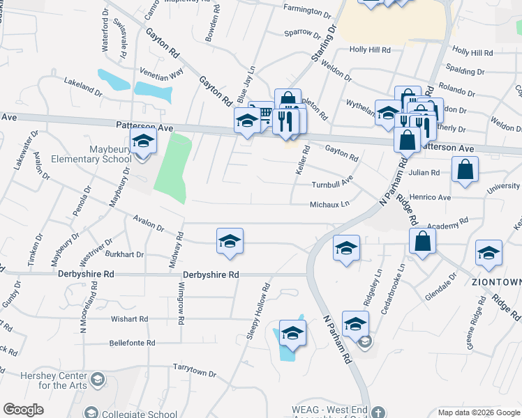 map of restaurants, bars, coffee shops, grocery stores, and more near 8911 Michaux Lane in Richmond