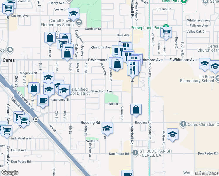 map of restaurants, bars, coffee shops, grocery stores, and more near 2905 El Dorado Drive in Ceres