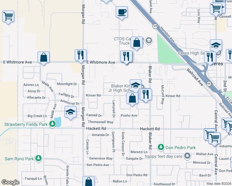 map of restaurants, bars, coffee shops, grocery stores, and more near 1473 Kinser Road in Ceres