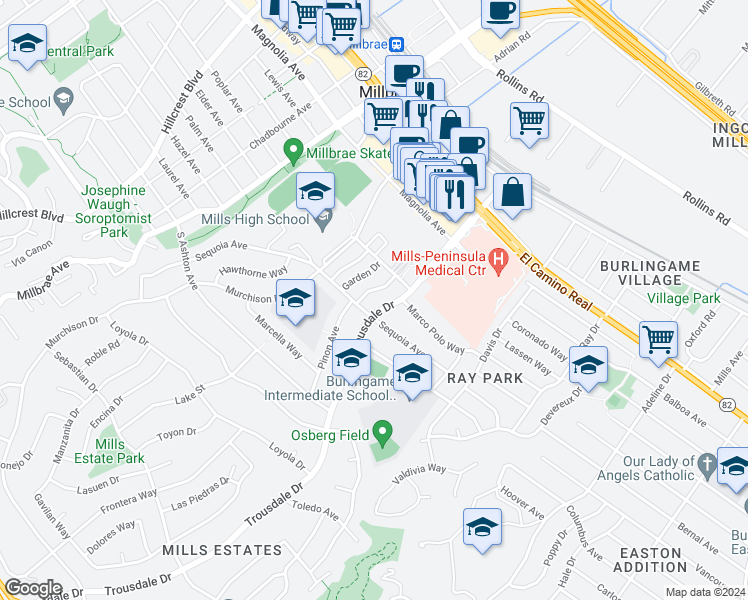 map of restaurants, bars, coffee shops, grocery stores, and more near 2018 Trousdale Drive in Burlingame