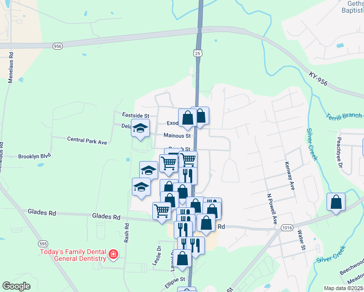 map of restaurants, bars, coffee shops, grocery stores, and more near 114 Baugh Street in Berea