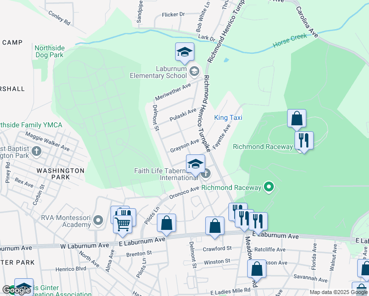 map of restaurants, bars, coffee shops, grocery stores, and more near 417 Grayson Avenue in Richmond