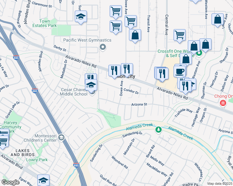 map of restaurants, bars, coffee shops, grocery stores, and more near 2716 Killdeer Court in Union City